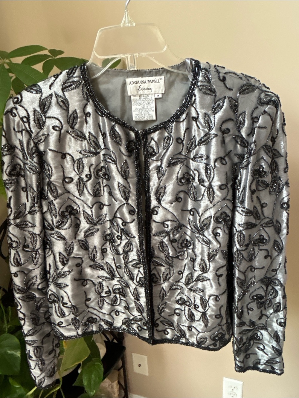 Vintage Adriana Papell silver & black floral beaded jacket with black embroidere